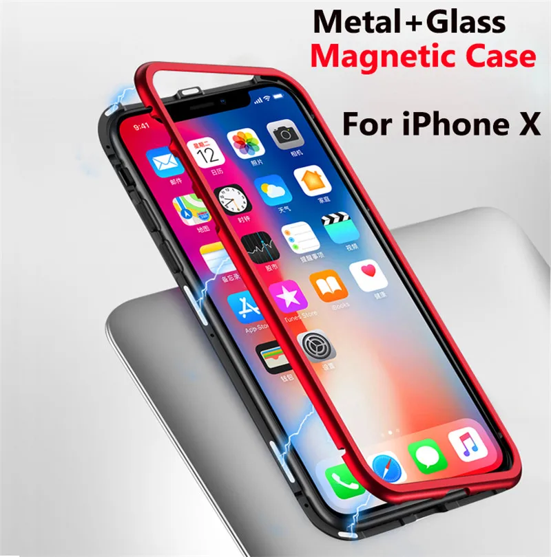 Магнитный адсорбционный чехол для IPhone X прозрачное закаленное стекло +