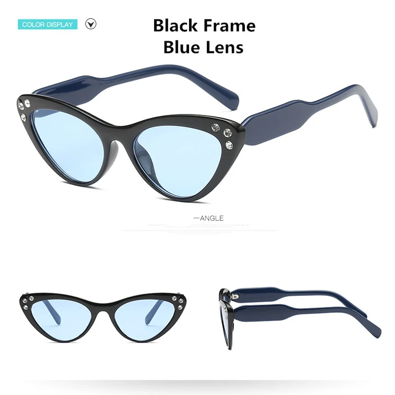 black-blue Классические винтажные женские солнцезащитные очки кошачий глаз, стразы, фирменный дизайн, женские черные и красные солнцезащитные очки, брендовые Ретро обтягивающие очки 8058 - Цвет линз: black-blue