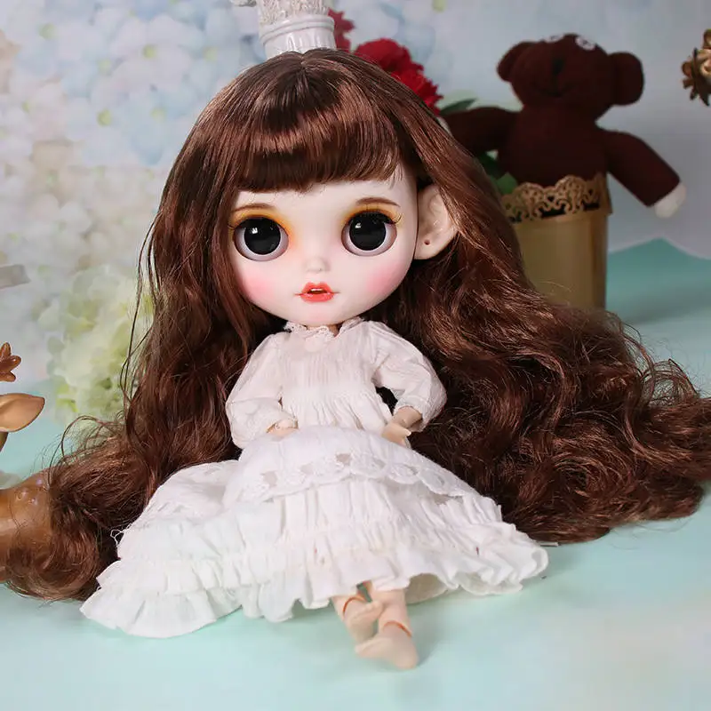 ICY blyth кукла матовое лицо белая кожа милый коричневый кудрявый волос костюм куклы с зубами губы брови 30 см DIY BJD SD подарок - Цвет: Белый