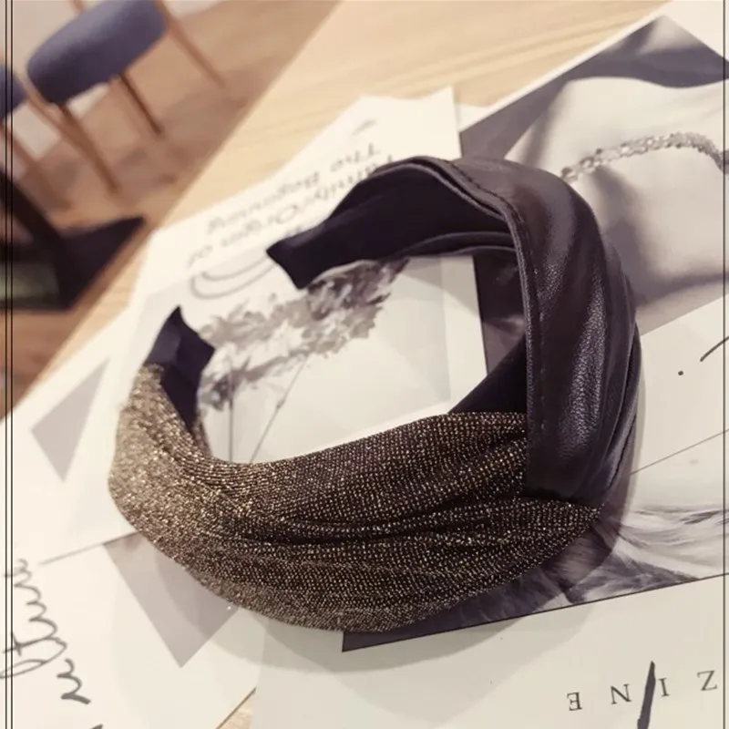 Новинка, эксклюзивные аксессуары для волос, позолоченная ткань, сшитая кожа, искусственная кожа, перекрещивающийся крючок, повязка на голову, надавливающая волосы для женщин