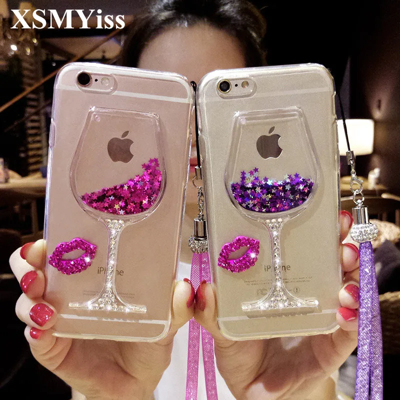 

XSMYiss For Huawei Honor 8 9 10 20 Lite V10 V20 7X 8X Nova2 3 4 5 Bling Diamond Wine glass Liquid sand quicksand soft phone case