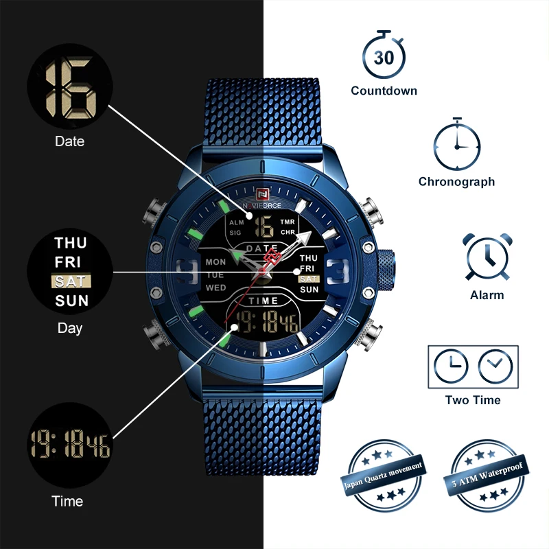 Топ бренд класса люкс Naviforce 2019 новые спортивные цифровые военные Мужские часы