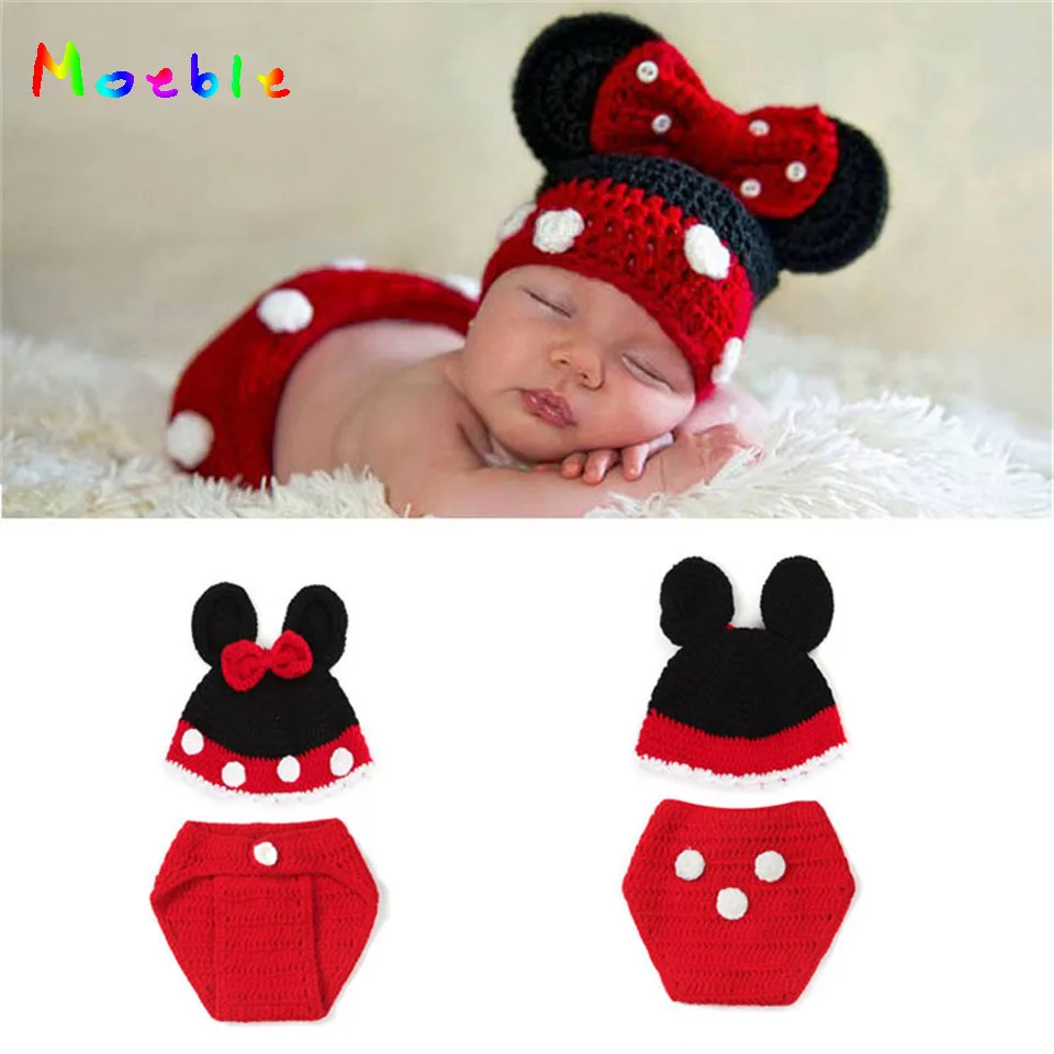 

2019 Minnie Design Baby GIRL Beanies Infant Baby Cartoon Hats/Caps&Diaper Set Nursling Knit Crochet Photo Props 1set MZS-14106