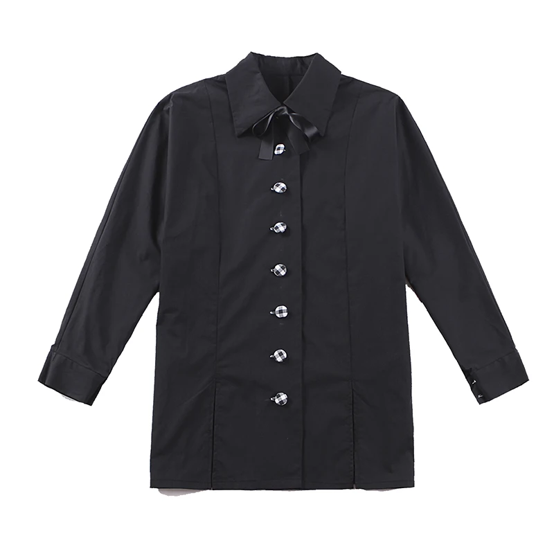 le palais vintage 2018 Winter Side Slits Long Shirt Women Bow Decor Pure Color Stylish Buttons Loose Blouse One Size Fits All