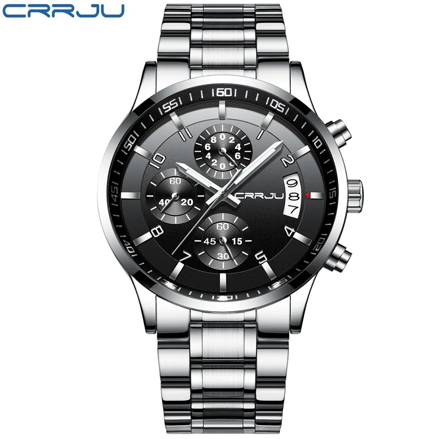 silver black Люксовый бренд, CRRJU, календарь, повседневные мужские часы, полная сталь, кварцевый хронограф, мужские часы, наручные часы, розовое золото, Hodinky Reloj Hombre - Цвет: silver black
