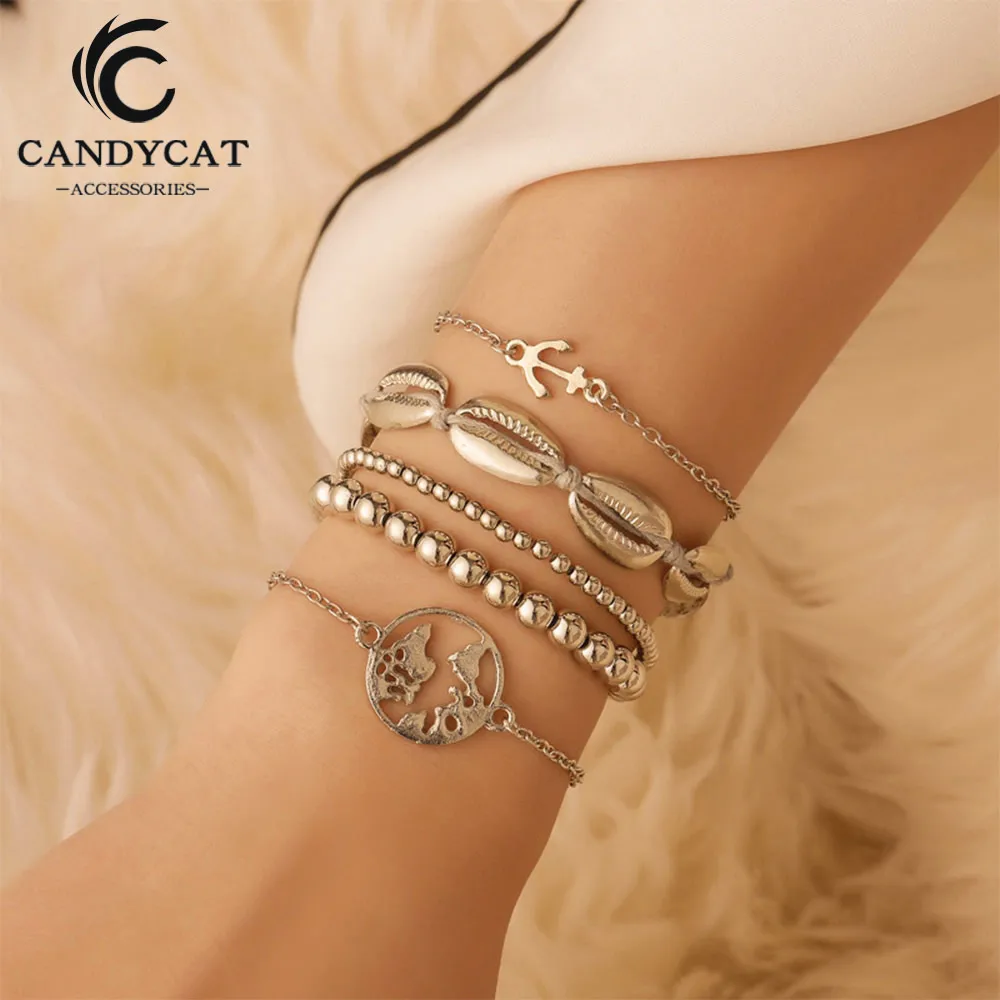 Богемные винтажные карты оболочки бусины Браслеты Наборы Серебряный браслет для