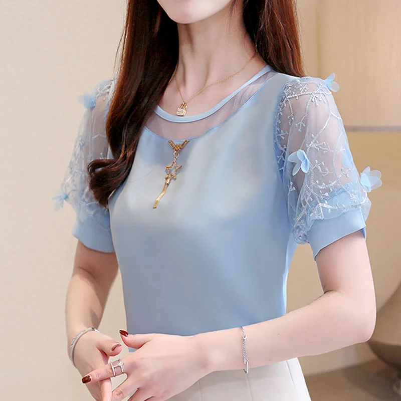 

Fashion women blouse and tops 2019 plus size tops shirts ladies tops chiffon blouse pink shirts Solid Puff Sleeve