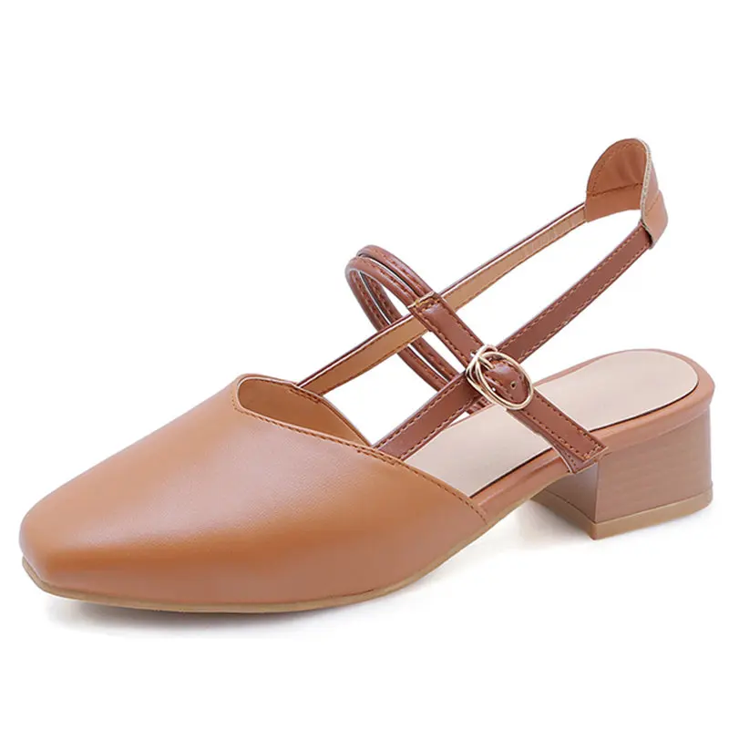 Brown 35-43 женские туфли-лодочки Летняя обувь из искусственной кожи однотонные туфли на квадратном каблуке женские модельные туфли Модные прямоугольные каблуки обувь - Цвет: Brown