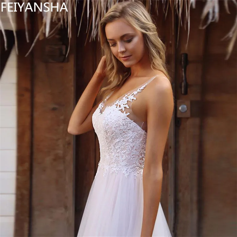 Свадебное платье без рукавов 2019 пляжный тюль для платья невесты с кружевной