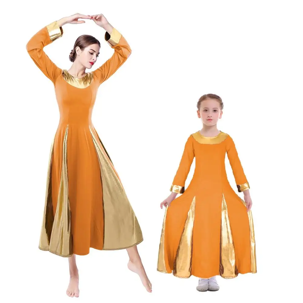 Orange with Gold Элегантный церковь платья для Для женщин взрослых и Девочка Семейные комплекты похвалы плиссированное платье балетное платье литургические платье для танцев - Цвет: Orange with Gold