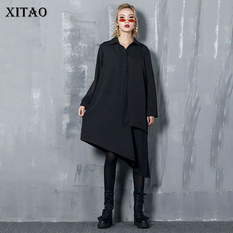 Женское Платье До Колена XITAO однотонное платье с отложным воротником и длинным