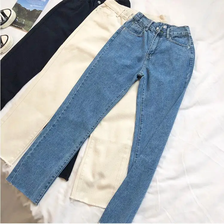 

Comfortable elastic waist base straight retro high waist denim trousers