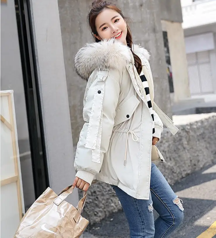 beige Rlyaeiz модная зимняя куртка для женщин искусственный мех енота воротник зимнее пальто женские парки с капюшоном теплая куртка женская верхняя одежда - Цвет: beige