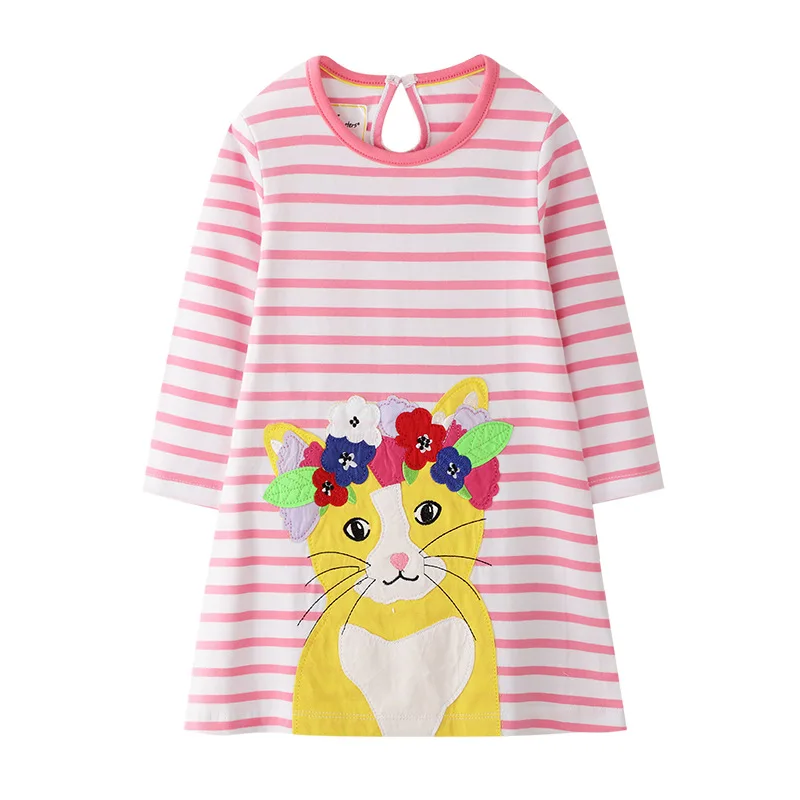 

Spring Autumn Long Sleeves Kids Dress Casual Cartoon Cat Print Girl Clothing Stripe Toddler Girls Dresses Baby Girl Clothes 2019