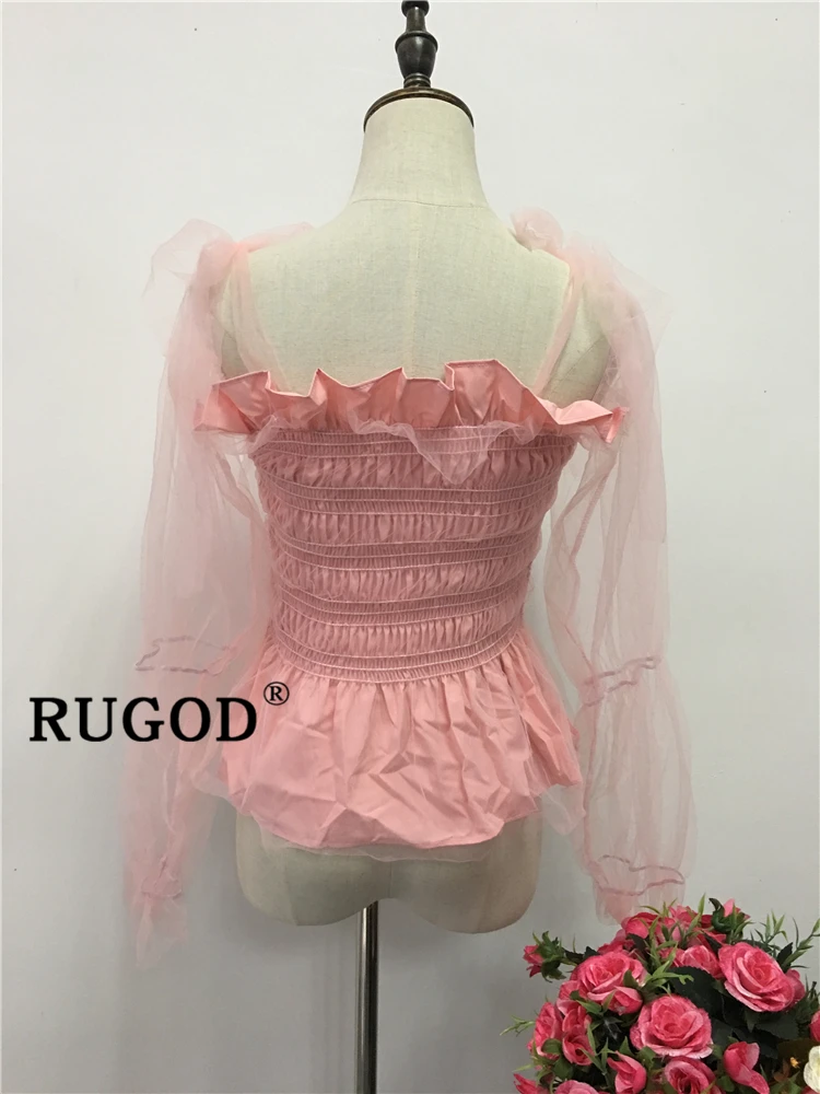 RUGOD корейские шикарные кружевные сетчатые блузки женские элегантные летние вечерние кружевные рубашки с открытыми плечами женские модные топы с оборками