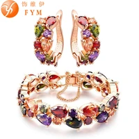 fym rose gold color jewelry sets for women party mona lisa colorful crystal bracelet earrings multicolor jewelry set wholesale