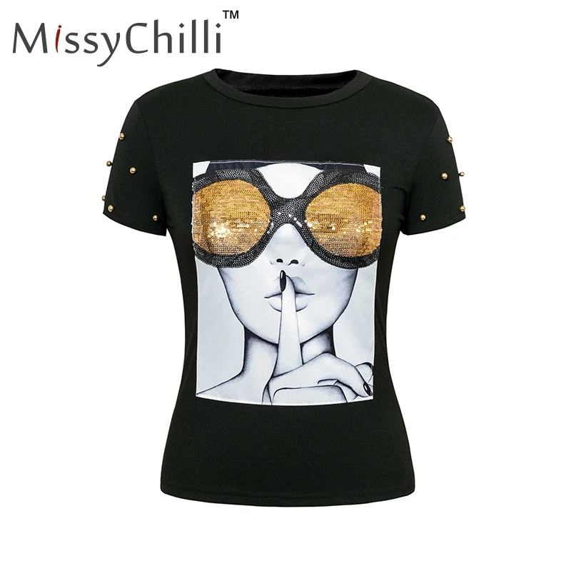 MissyChilli/футболка с коротким рукавом и графическим рисунком лица, с блестками, женская черная Повседневная забавная футболка, женские милые летние футболки размера плюс - Цвет: Черный
