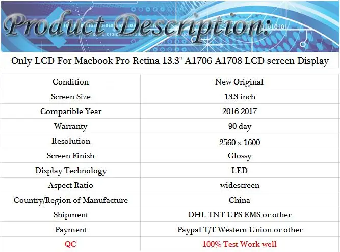 A1706 A1708 ЖК-дисплей для Macbook Pro retina 13," только жидкокристаллический экран панели EMC 3071 3163 2978 3164