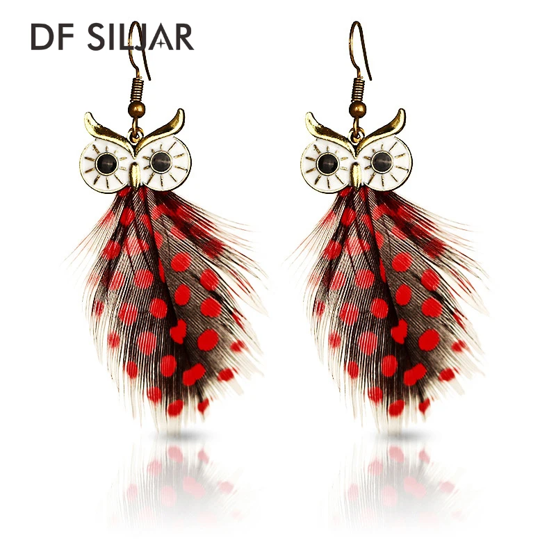 Red Purple Dot Peacock Feather Earrings long Owl Dangle Drop Hanging Ethnic For Women 2017 New Design Y1785 | Украшения и