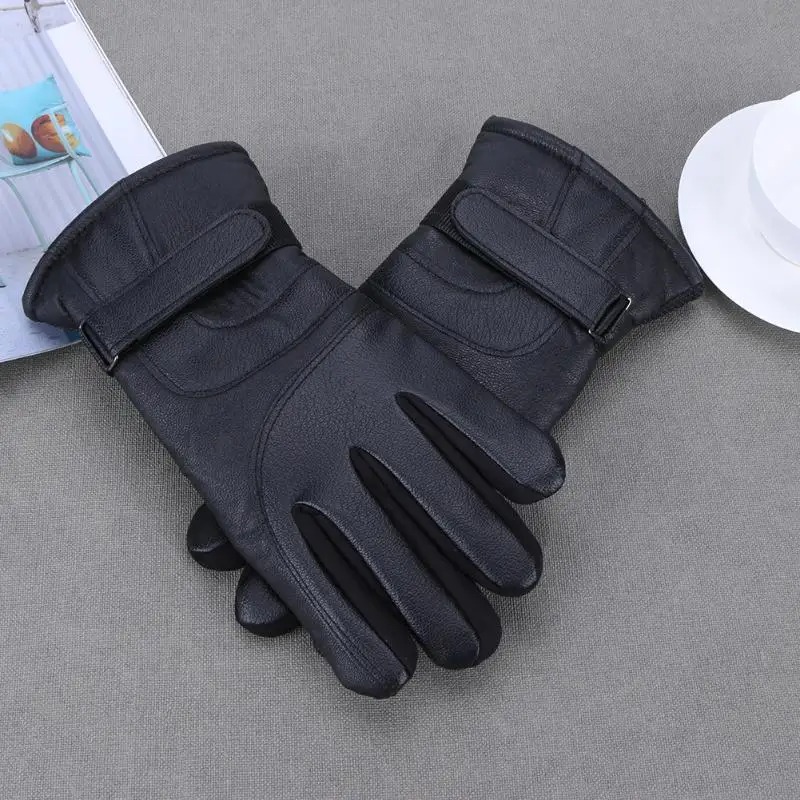Full Leather Winter Men Women Mittens Ticken Plus Fleece Warm Touch Screen Stylish Style Unisex Solid Black Cotton Gloves | Аксессуары
