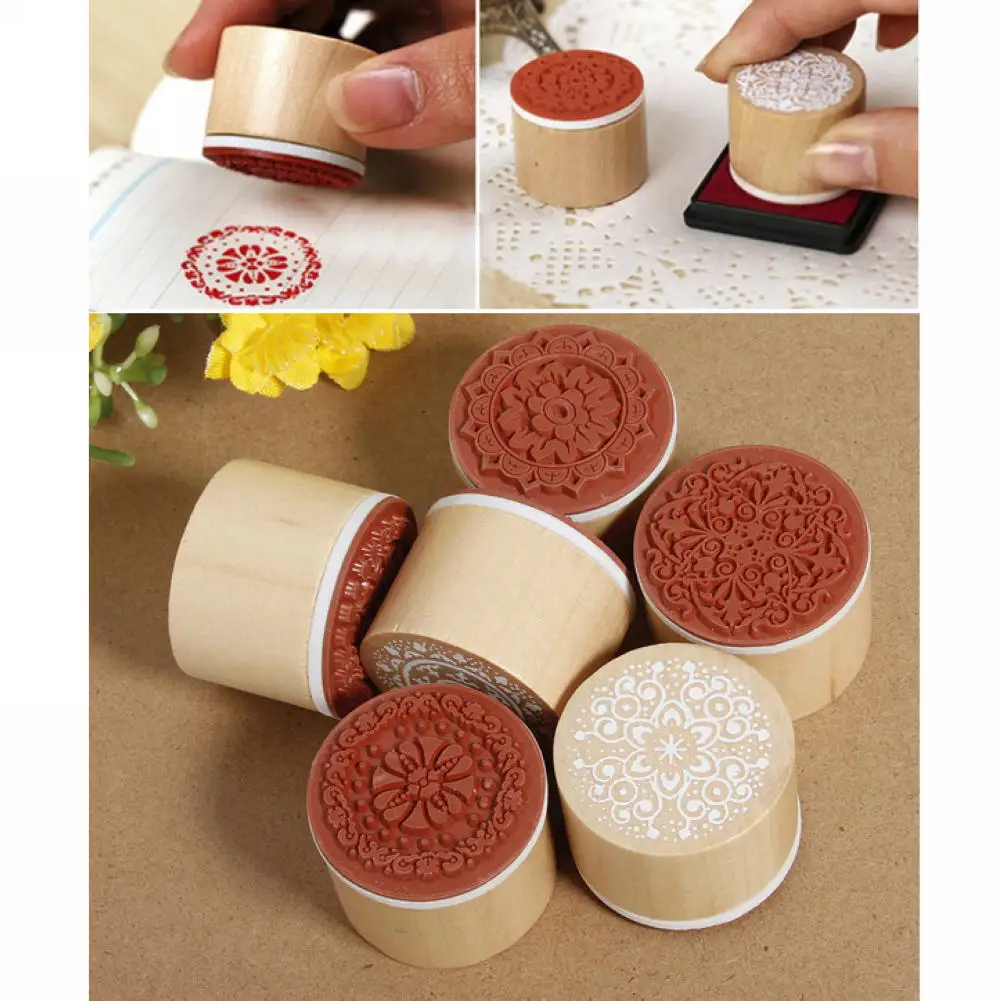 6 шт. Ассорти Ретро Старинные Цветочным Узором Круглый Деревянный Штамп Записки