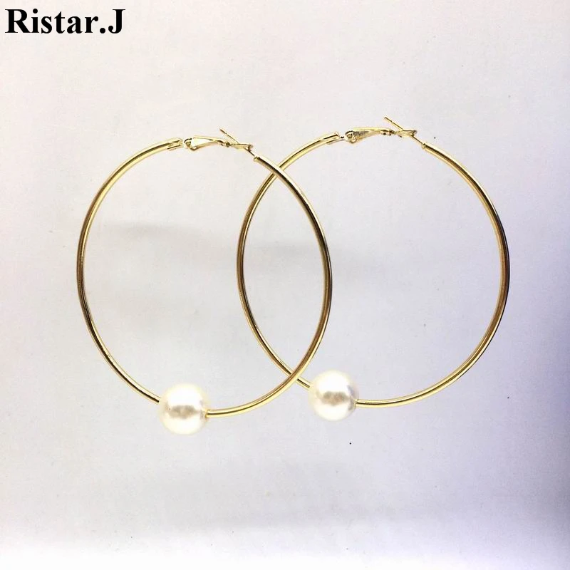 Крупные круглые серьги-кольца с искусственным жемчугом для женщин простые