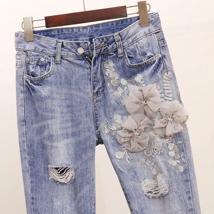 L &amp Y тяжелых Embroideried 3D цветочной аппликацией футболка + джинсы Для женщин