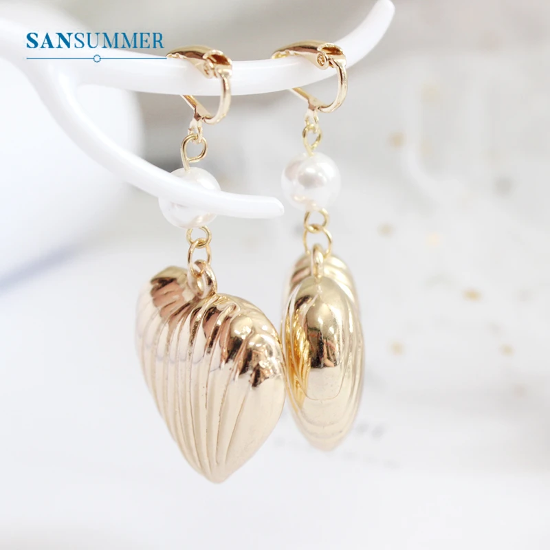 SANSUMMER, клипсы, серьги, темпераментные жемчужные, в полоску, двухсторонние, ушные клипсы, трехмерные металлические, в форме сердца, ушные клипсы, 5537