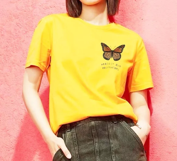 

HAHAYULE-JBH 1pcs Protect Our Butterfly Pollinators Pocket Printed Cotton T Shirt Women T Shirt Summer Short Sleeve Tops