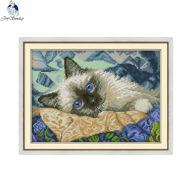 Kit de punto de cruz DMC 14ct y 11ct, conjunto de bordado de lienzo impreso preciso, patrones de gato de ojos azules, costura hecha a mano