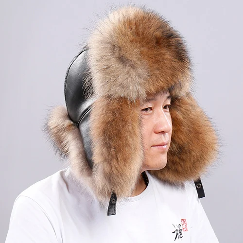 raccoon fur Мужская зимняя шапка из натурального Лисьего меха, шапка из натуральной кожи, теплая мягкая шапка из натурального Лисьего меха, шапка-бомбер s - Цвет: raccoon fur