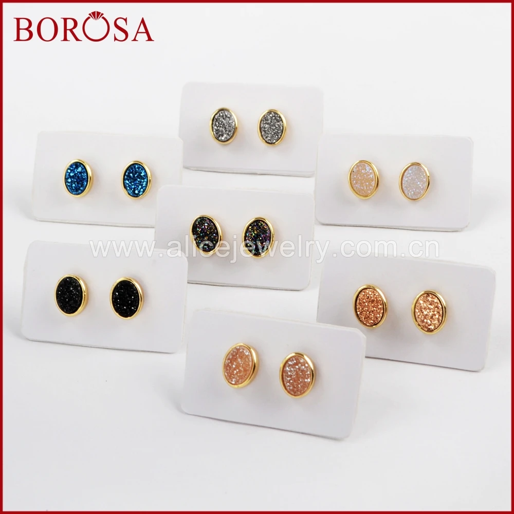 BOROSA 5/10 пар в комплекте; овальные Форма огранка золотого цвета Радужный Титан Druzy Стад серьги Высокое качество Drusy, серьги, ювелирное изделие для Для женщин ZG0278