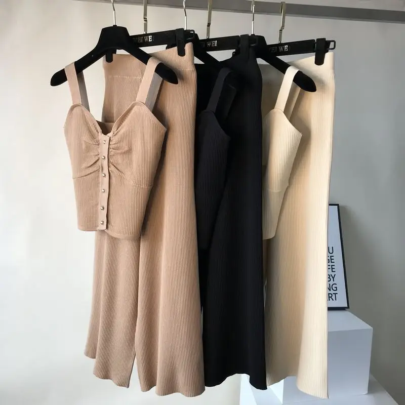 ALPHALMODA без рукавов Вязанный жилет+ трикотажные широкие брюки женские летние 2 шт повседневный комплект однобортный наряд брюки костюмы