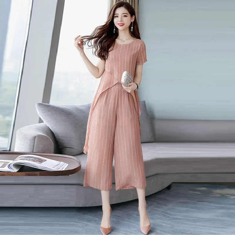 Новинка лета 2019 модные элегантные шифоновые розовые комплекты со штанами