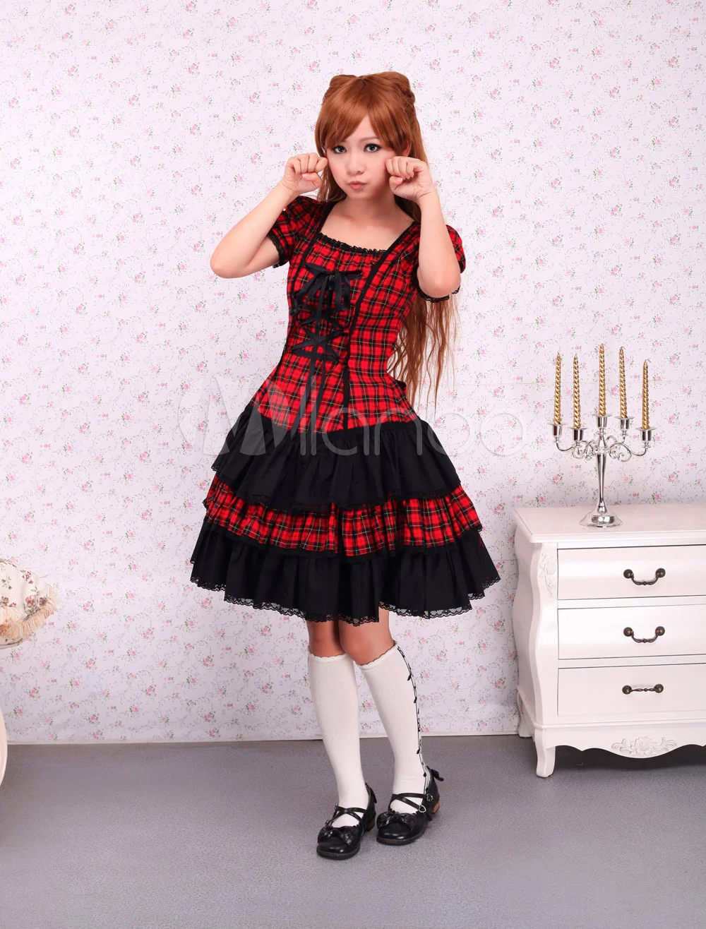 

Cotton Short Sleeves Black And Red Shepherd Check School Lolita Dress