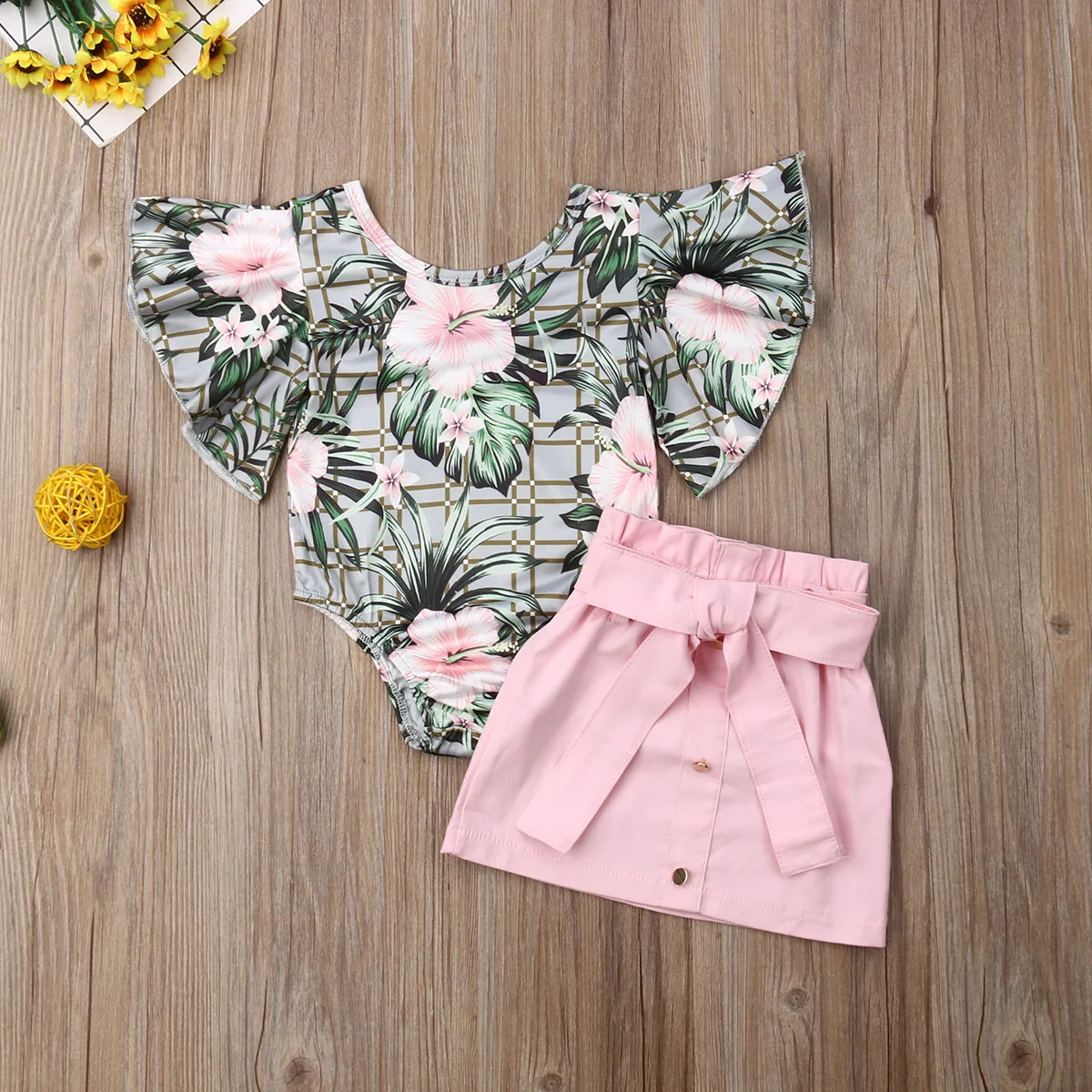 

Pudcoco Newest Fashion Toddler Baby Girl Clothes Flower Print Ruffle Sleeve Romper Tops Mini Skirt 2Pcs Outfits Clothes Summer