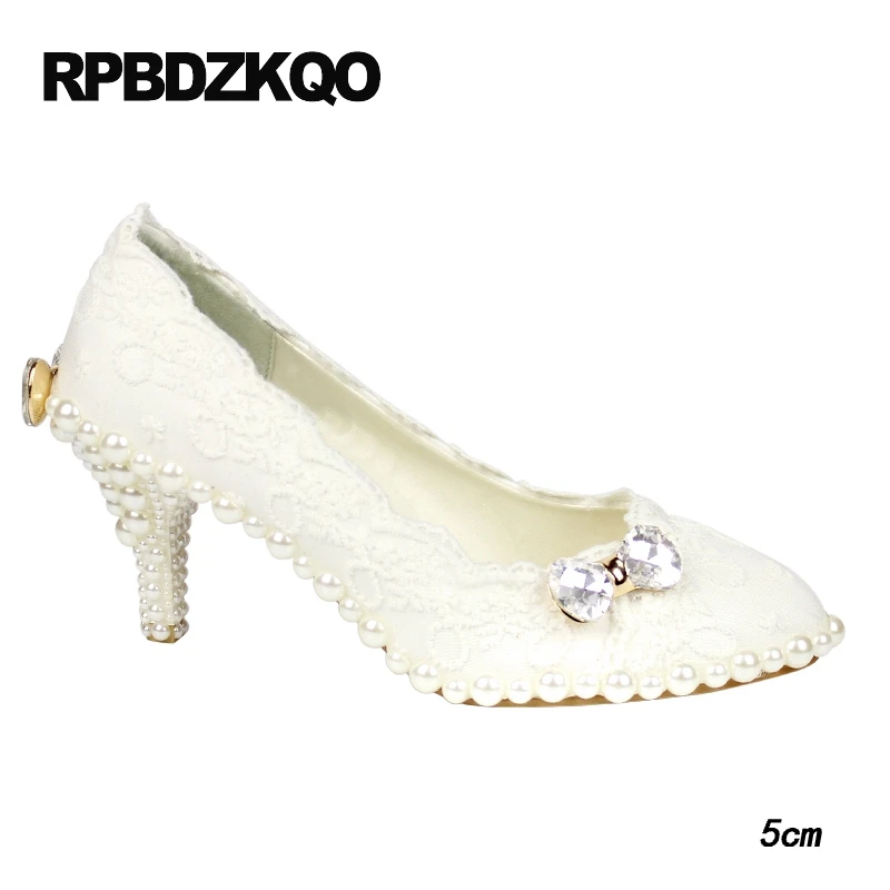 свадебный высокие каблуки Плюс размер насосы стилет кристалл белый жемчужный