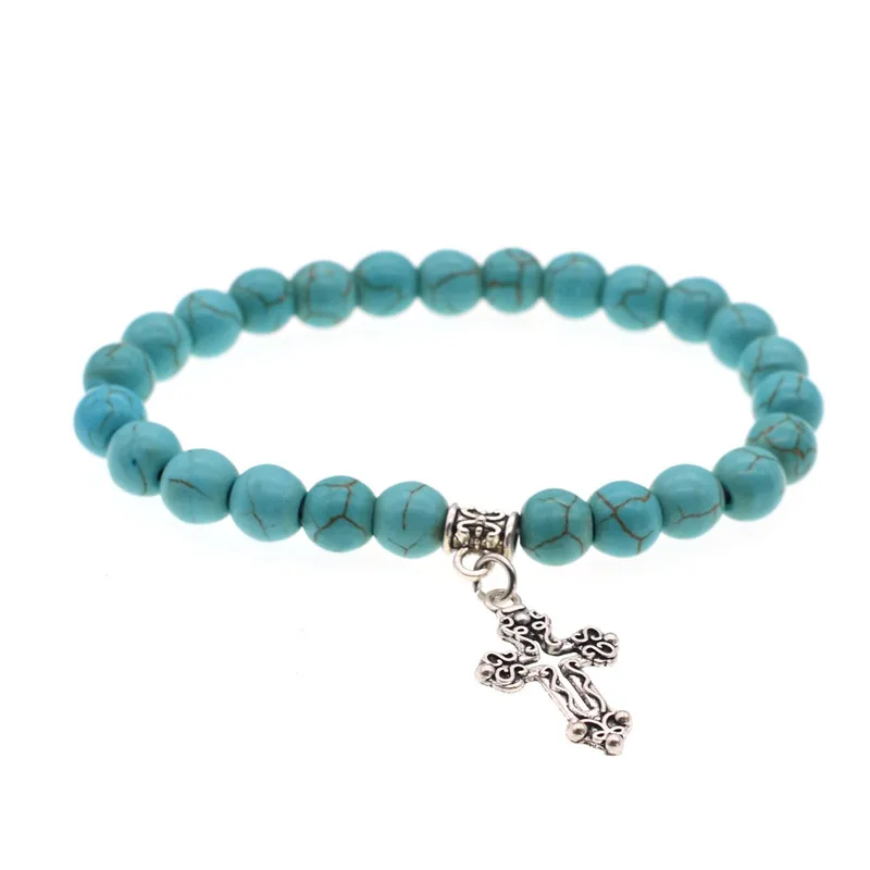 turquoise with cross Розовый кварц сердце Шарм Браслеты 8 мм бисером Исцеление Кристалл чакра Йога браслет женщина mujer femme ювелирные изделия - Окраска металла: turquoise with cross