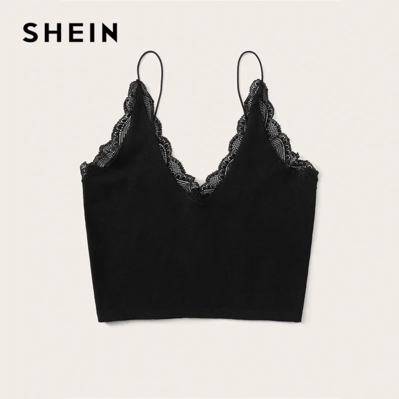 SHEIN черный топ на бретельках с v-образным вырезом и кружевной отделкой, женская уличная одежда на бретельках, v-образный вырез, однотонный облегающий сексуальный топ, женские летние топы