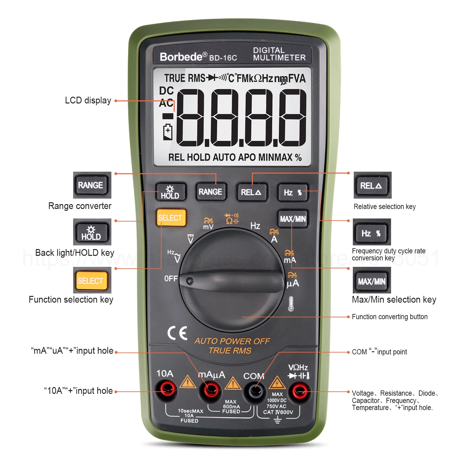 Borbede Auto Digital Multimeter Range BD-16C of 6000 Counts AC DC Resistance Temperature Capacitance True RMS Diode Tester