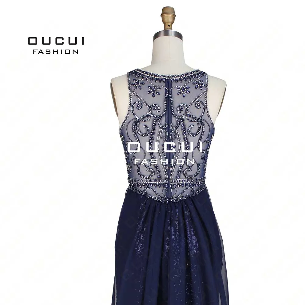 Женское вечернее платье русалка темно синее Прозрачное с блестками и бисером