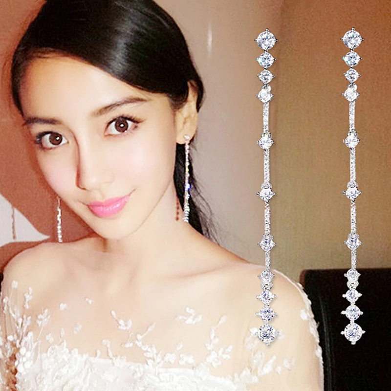 

New Korean Style Women's Pendientes Jewelry 925 sterling silver Earpins Zircon Tassels Long Earring