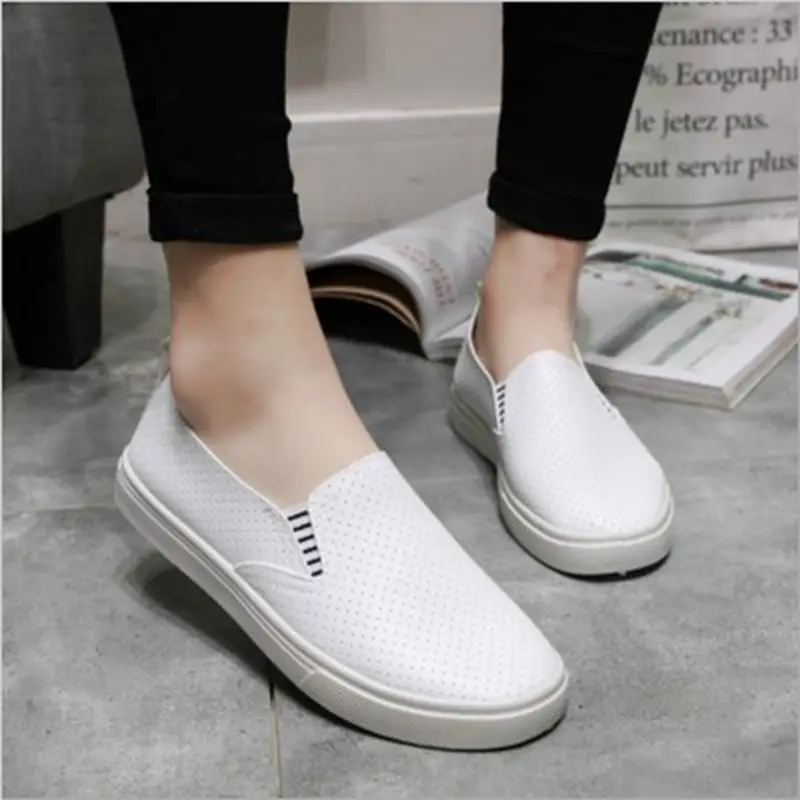 Белые женские вулканизированные туфли Летние слипоны повседневные кроссовки
