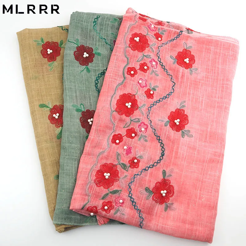 MLRRR new fashion gold powder cotton embroidered pearl long scarf female (turmeric light green watermelon red) |