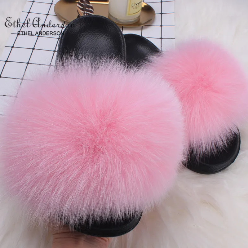 Pink Fox Fur Ethel Anderson/; шлепанцы с натуральным лисьим мехом; летние пляжные пушистые шлепанцы; Коллекция года; Вьетнамки с натуральным мехом енота; сандалии; обувь; - Цвет: Pink Fox Fur