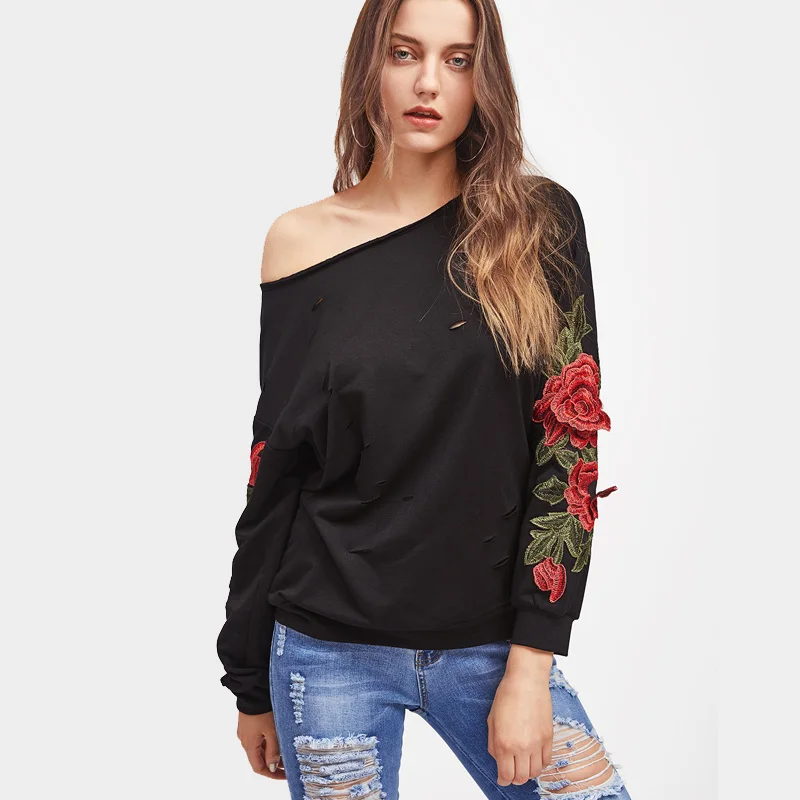 Осень Для женщин Элегантный цветочный Вышивка Толстовки Long Sleeve Drop Shoulder пикантные