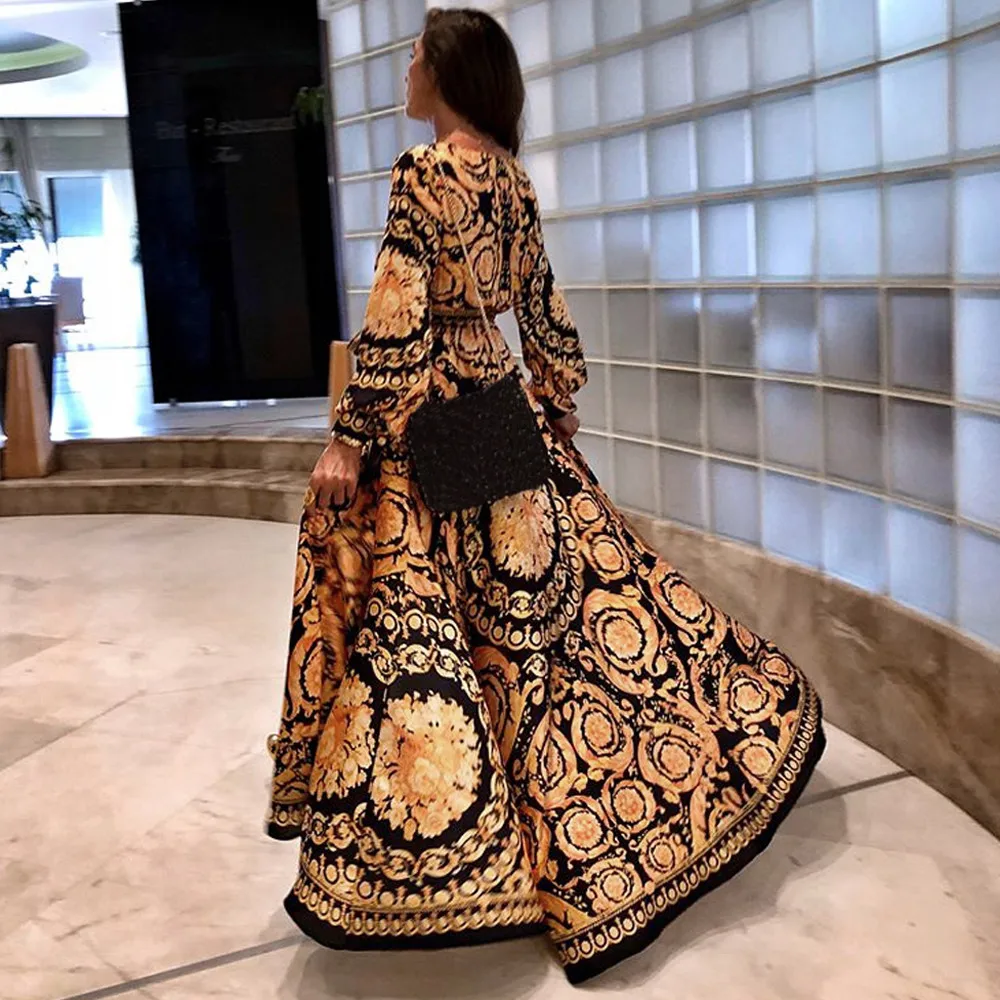 Женское винтажное платье макси с длинным рукавом глубоким V образным вырезом и