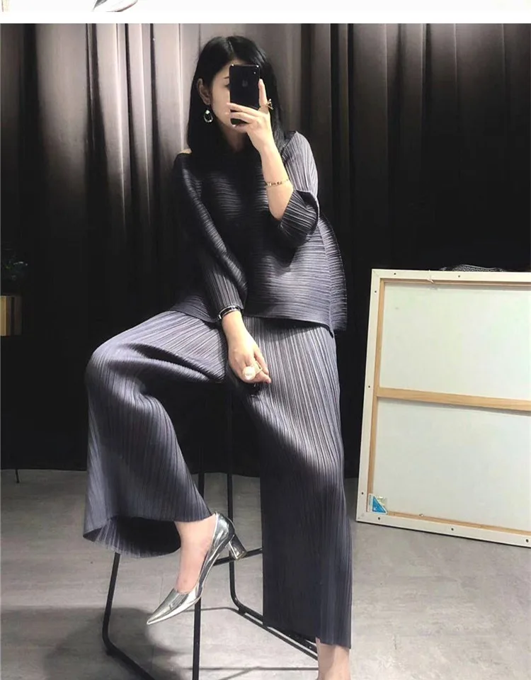 Changpleat свободные женские комплекты Miyak плиссированные модные однотонные широкие брюки и футболки два предмета женские костюмы размера плюс