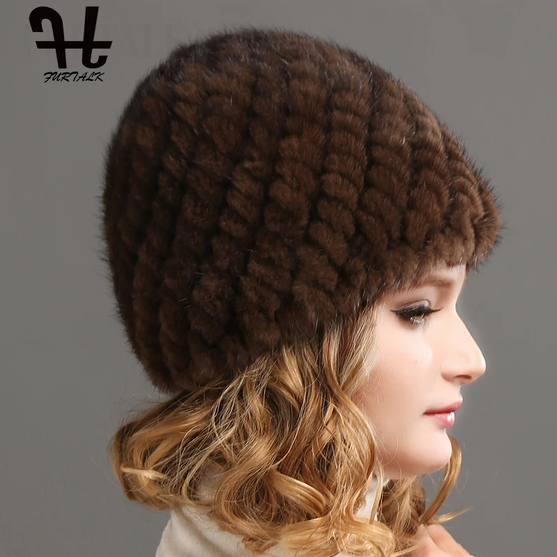 FURTALK Женщины Роскошные вязать норки меховая шапка зимняя Русские Натуральный Мех