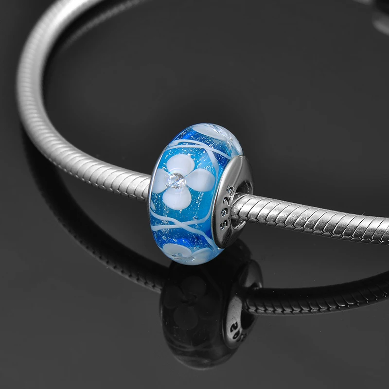 Новинка белый цветочный узор серебро 925 пробы тонкое синее муранское стекло